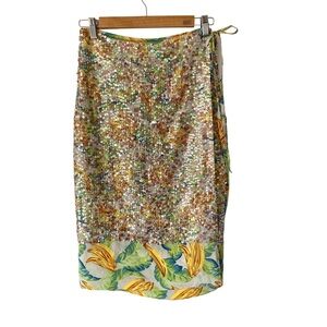 Le Superbe Sequin Banana Print Wrap Skirt Size 4 Green Brown Yellow
